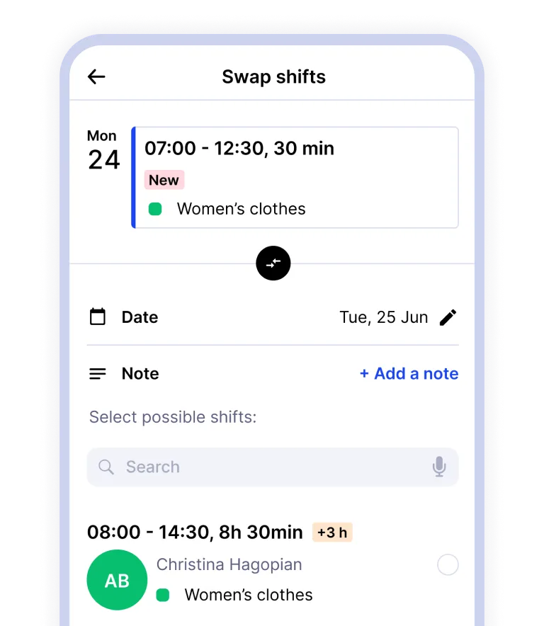 Swap shifts app interface