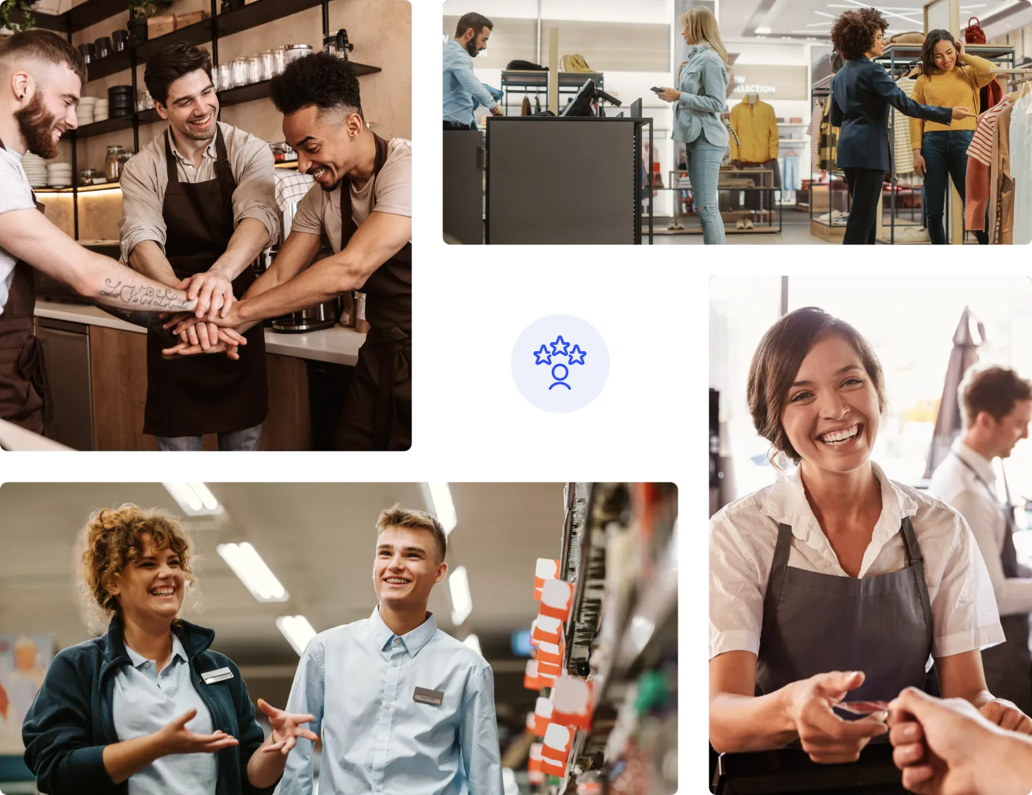 Happy employees in stores and cafes