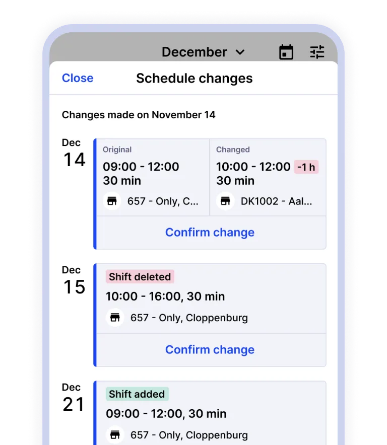 Schedule changes notifications in mobile app