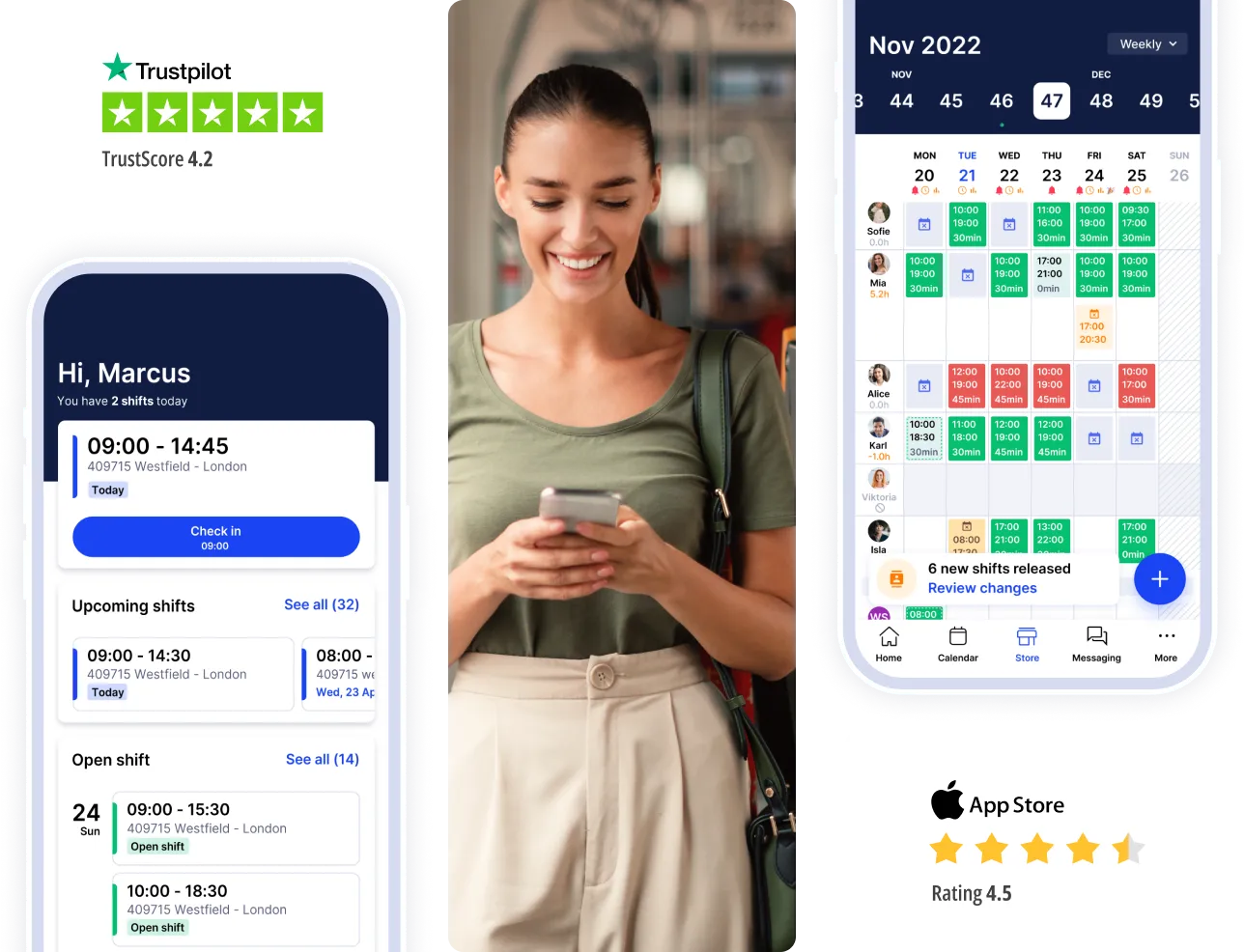 SameSystem mobile app examples with rating on Trustpilot 4.2 stars and on App Store 4.5 stars
